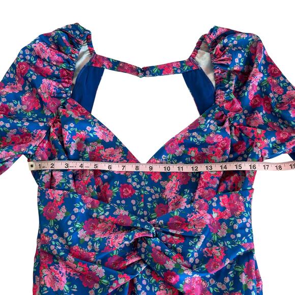 For Love & Lemons Annie Cobalt Blue & Pink Floral Print Mini Dress Women’s Large - Picture 4 of 10